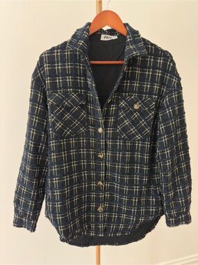 Priv Oversized Navy Bouclé Tweed Shacket – Size XS (Oversized Fit)